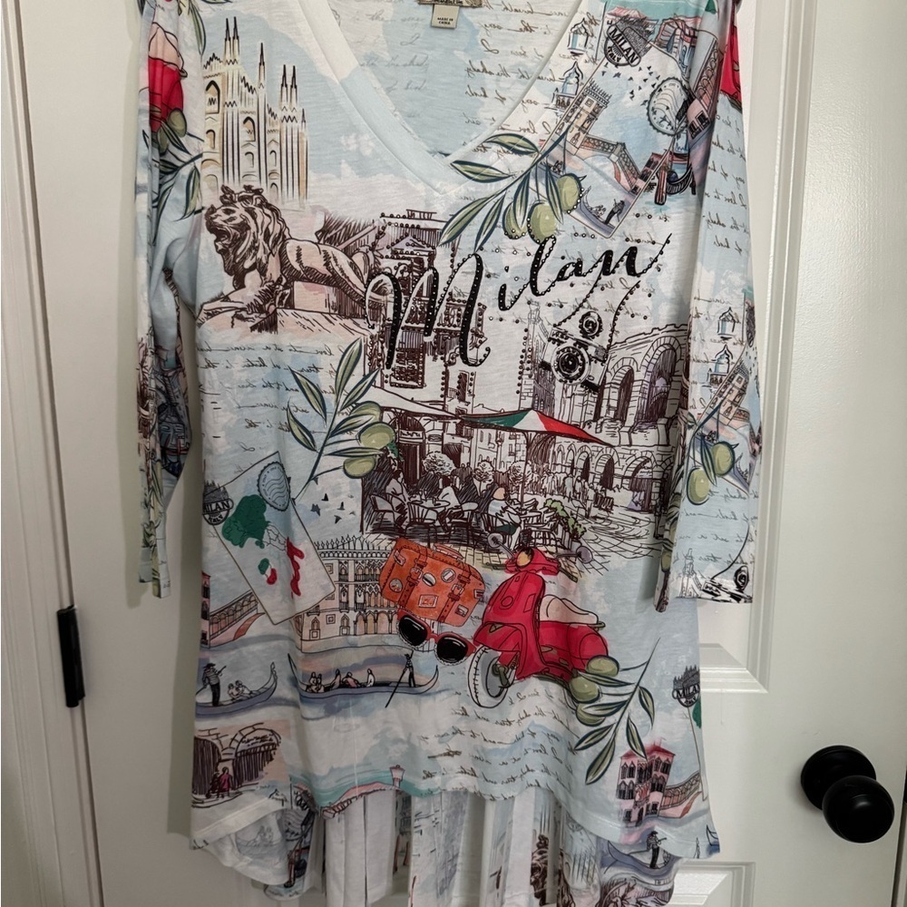 ONE WORLD Asymmetrical 3/4 Sleeve Blouse White Gray